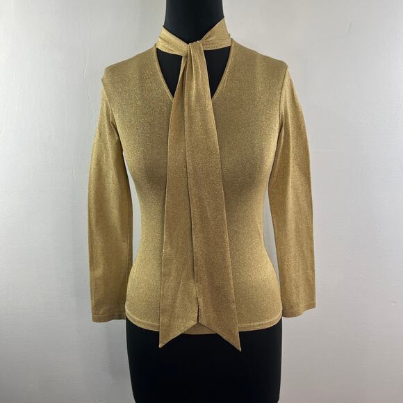 VINTAGE Jill Stuart Metallic Gold Blouse Knit Tie-Neck Long Sleeve Size Small S - Picture 2 of 11